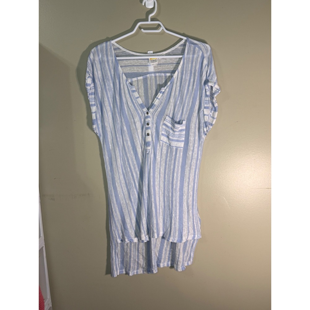 C&C California Blue White Striped 100% Linen Henley Tunic Top Large
